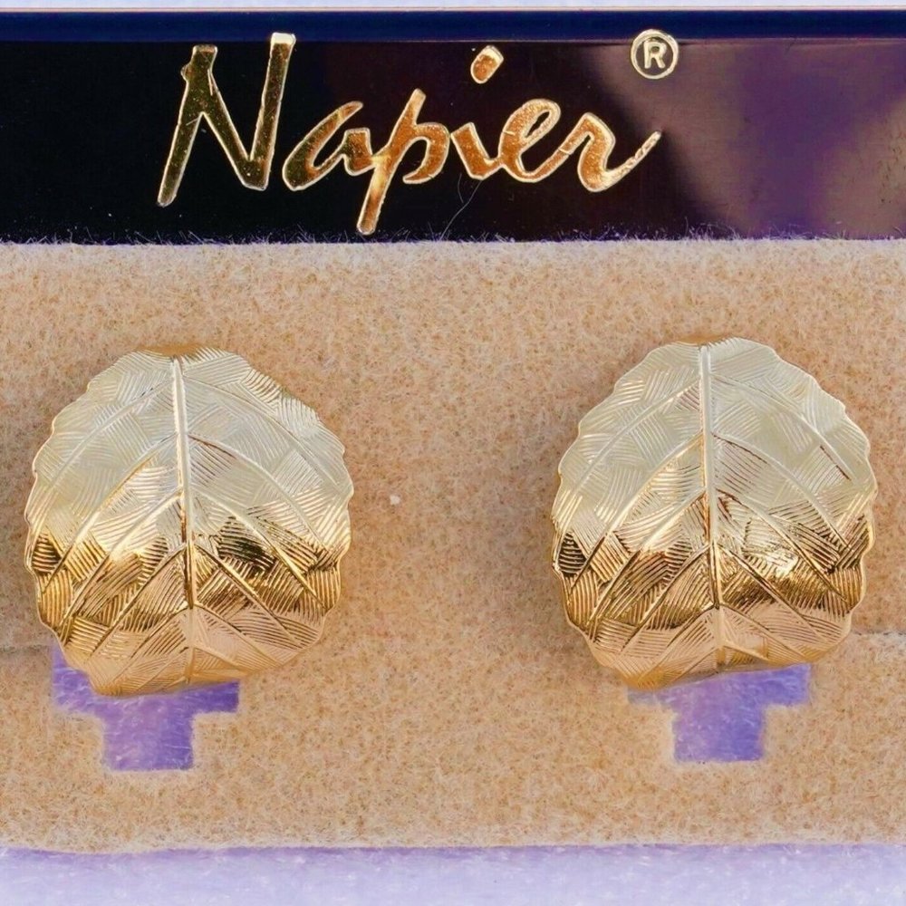 Vintage Signed Napier Rich Gold Leaf Leaves Hoop Clip Earrings Couture